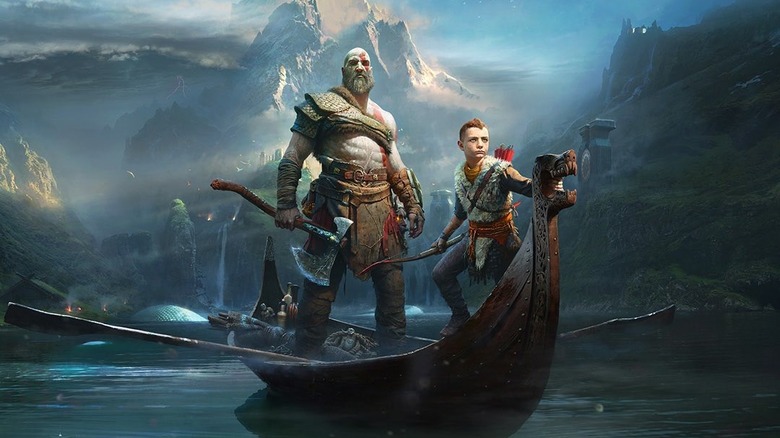 Kratos and Atreus stand on a boat in Midgard