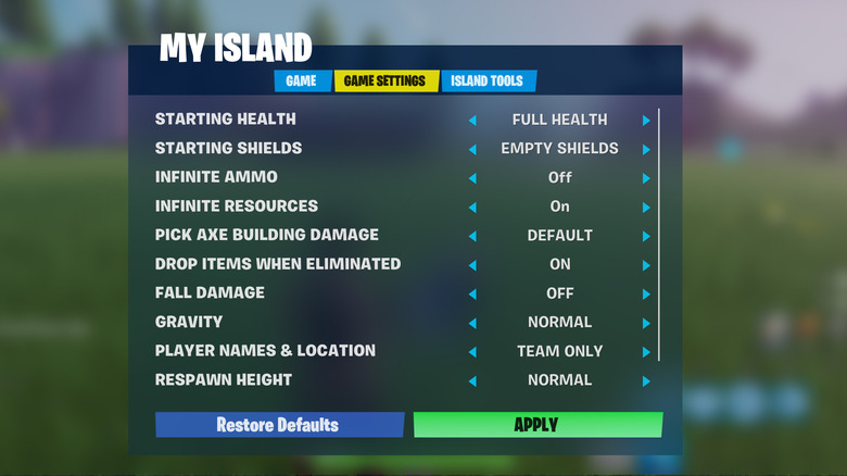 Fortnite Creative Mode My Island menu