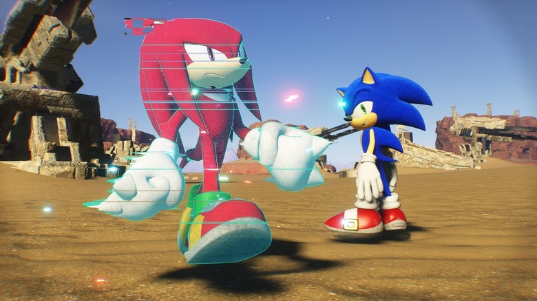 Sonic glancing at hologram Knuckles