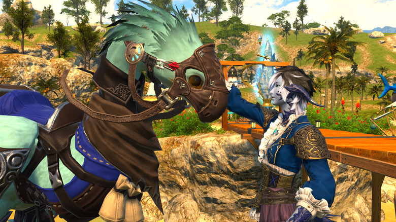 player petting teal chocobo
