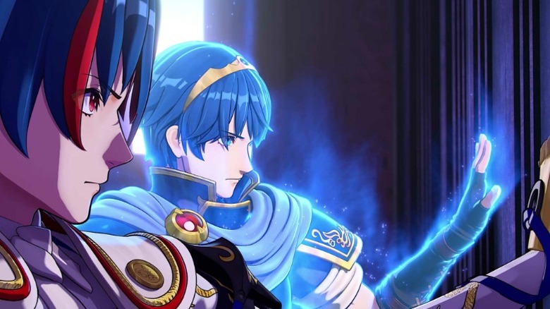 Marth and Alear touching wall