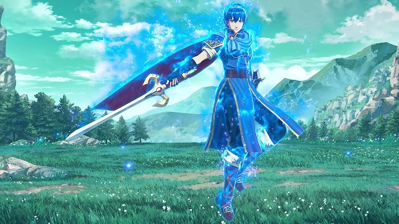 Marth holding a sword in a field