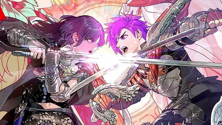 FE Three Hopes Byleth and Shez crossing swords