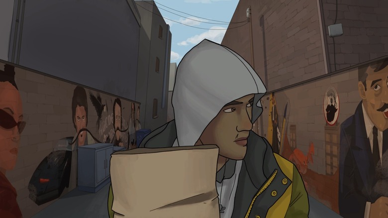 Frank carrying paper bag down alley