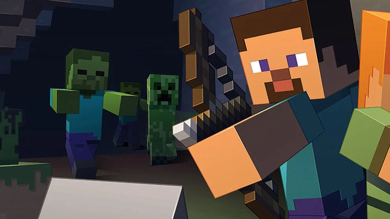 Minecraft Steve and Alex fighting mobs