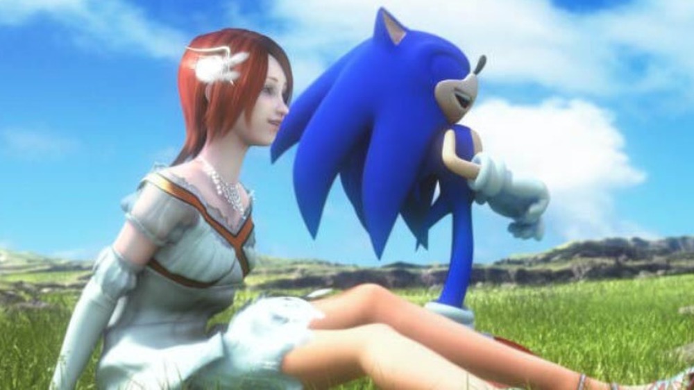 Princess Elise and Sonic laugh in a field