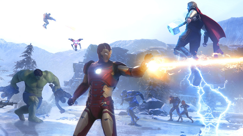 Iron Man Hulk and Thor fighting enemies on ice