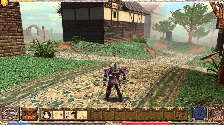 player character in purple with a sword standing in a village