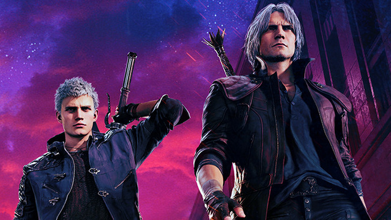 Devil May Cry characters Dante and Nero against purple pink sky