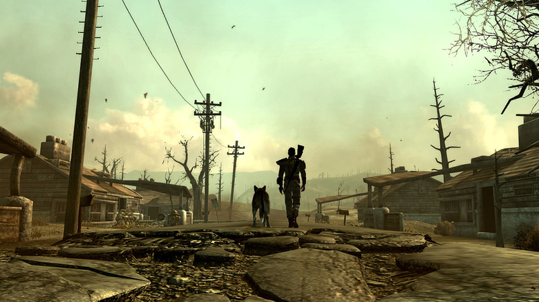 A man walks through a desolate town with his dog