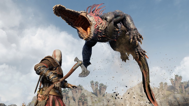 Kratos approaching monster with axe