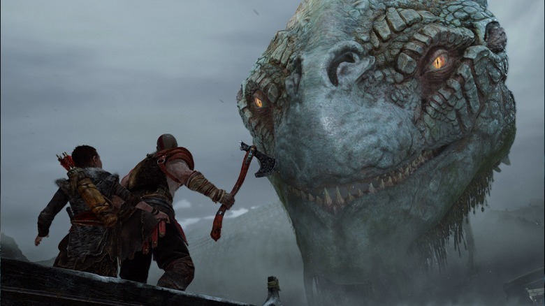 Kratos and Atreus facing the world serpent