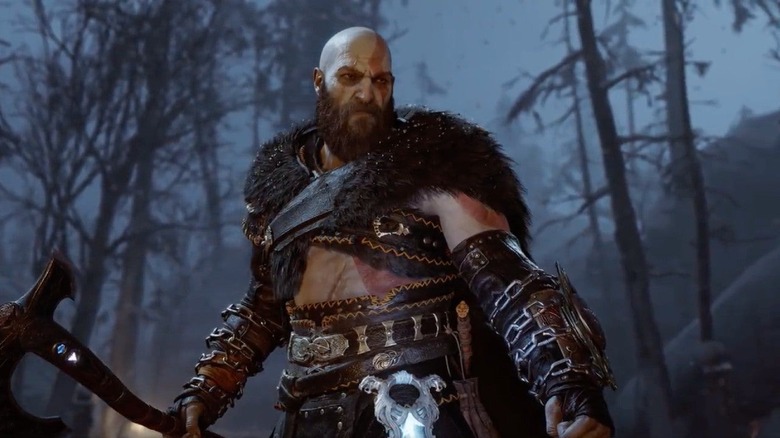 Kratos wearing Armor of the Black Bear in the woods