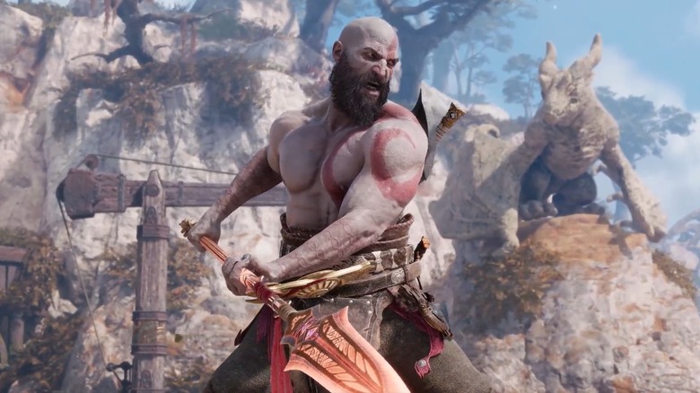 Kratos wearing Spartan Armor and wielding a spear