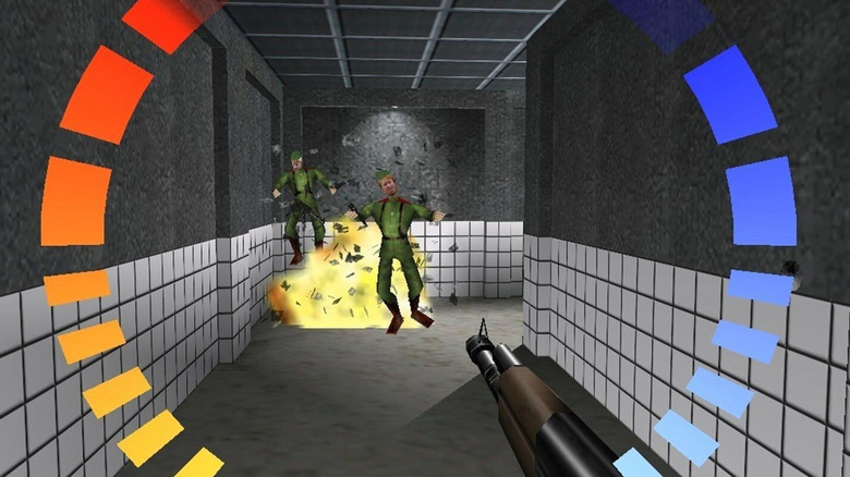 James bond gunning down enemies in "GoldenEye 007"