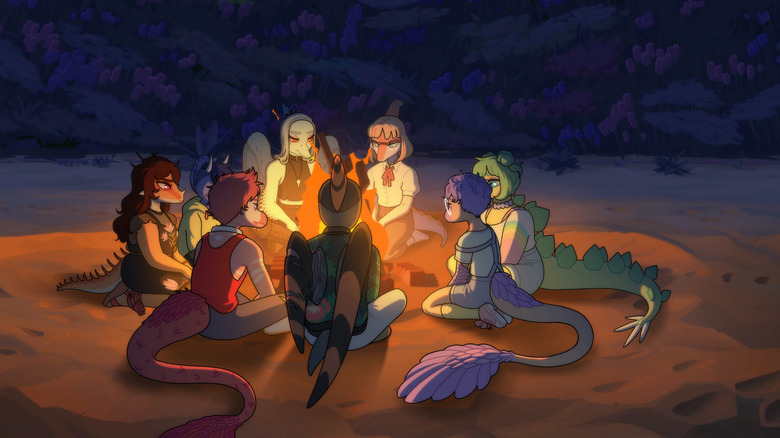 Screen shot of the friend group hanging out on the beach from Goodbye Volcano High