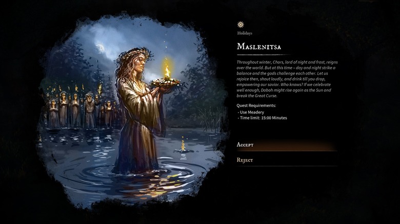 Screenshot of one of the side quests called Maslenitsa, where a woman is in a lake holding an offering for a God