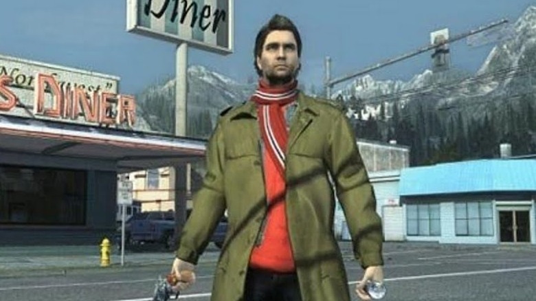 Alan Wake standing in front of diner