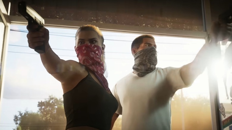 Lucia and Jason masked and holding guns