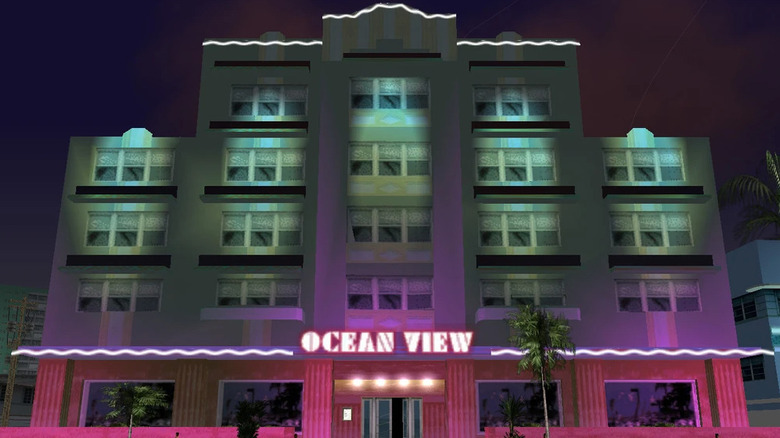 Ocean View hotel lit up
