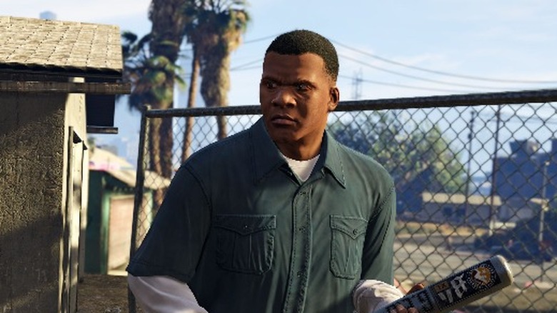 GTA character in front of fence