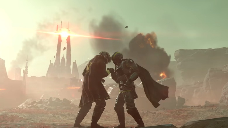 Helldivers soldiers touching foreheads