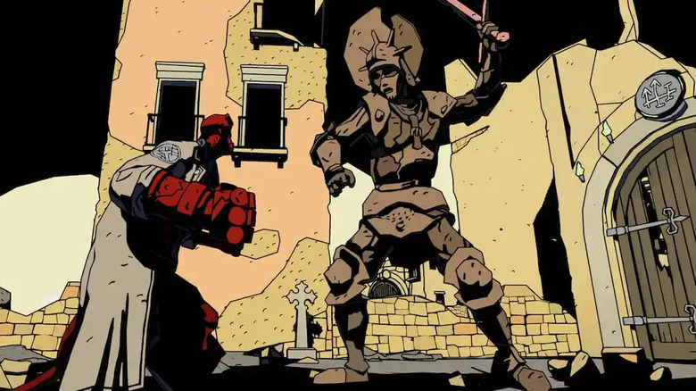 Hellboy fighting a large golem within 
