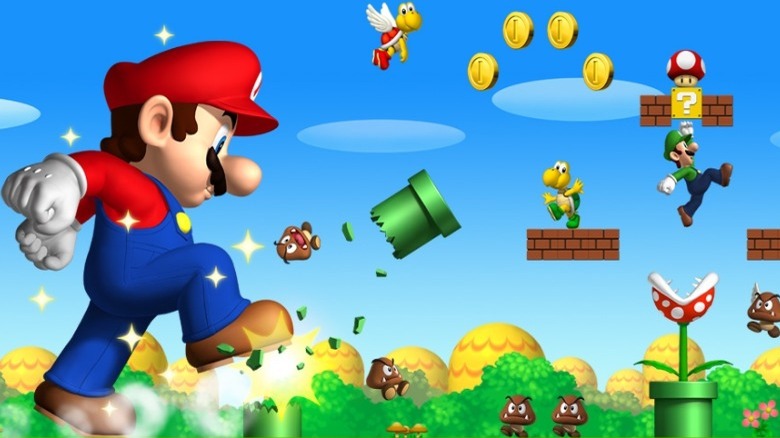 Mario stomping Goombas