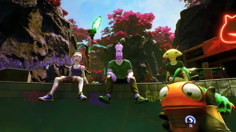 Three alien teens sitting on wall