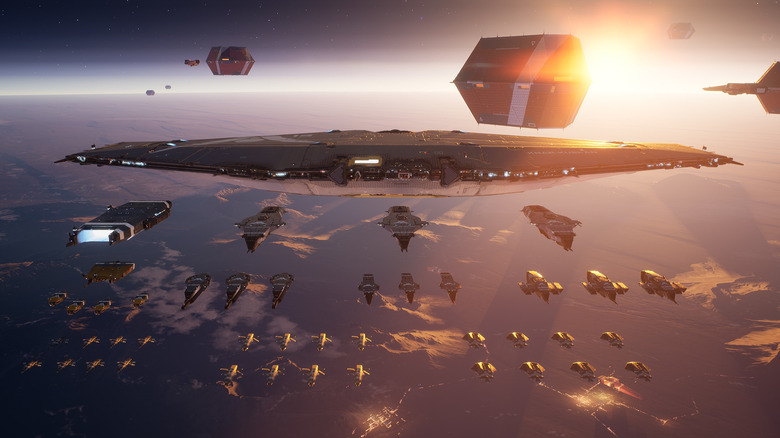 fleet surrounding larger spaceship