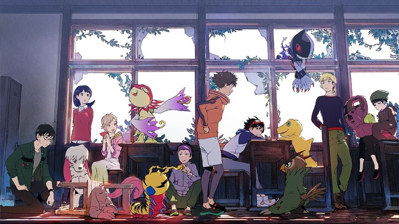 Digimon Survive keyart, humans and Digimon vibing in a class room