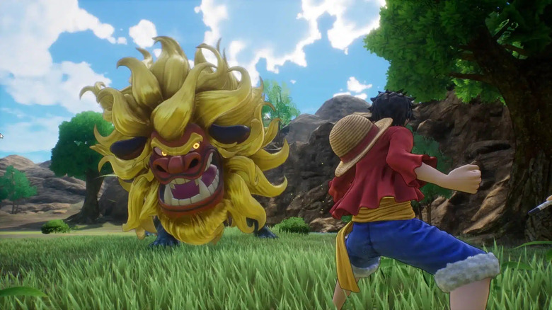 Monkey D. Luffey facing off against a giant, lion-looking creature in "One Piece Odyssey"