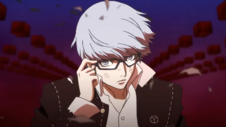 Player character from Persona 4 Golden holding glasses