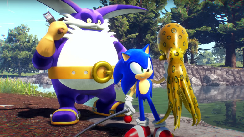 Sonic the Hedgehog holding golden octopus next to Big the Cat