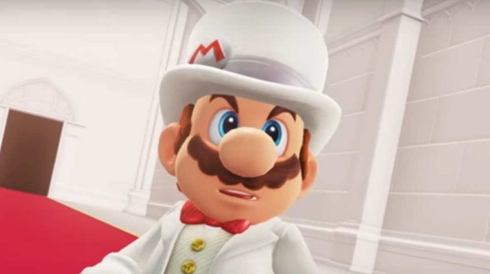 Mario in a white tux