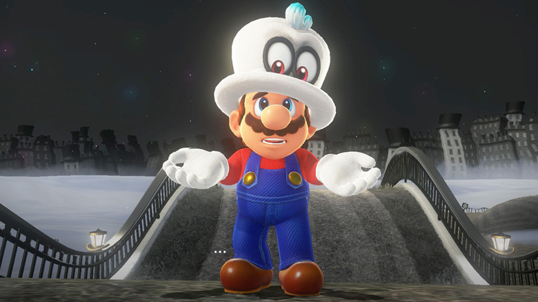 Super Mario Odyssey Mario shrugging in white hat