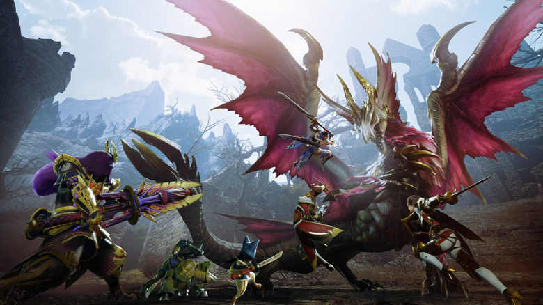 Several hunters attacking a dragon