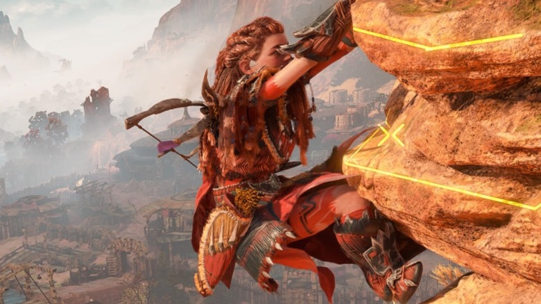 Aloy climbing in Horizon Forbidden West with climbing markers