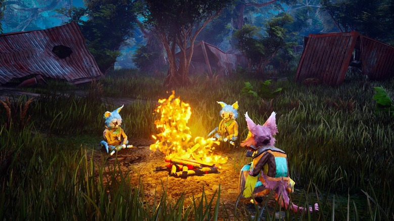 Biomutant cats vibing around a campfire
