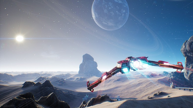 A player ship soaring over a planet in "Everspace 2"