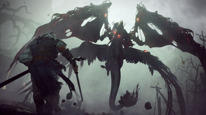 A player character facing down an enormous dragon in "Wo Long: Fallen Dynasty