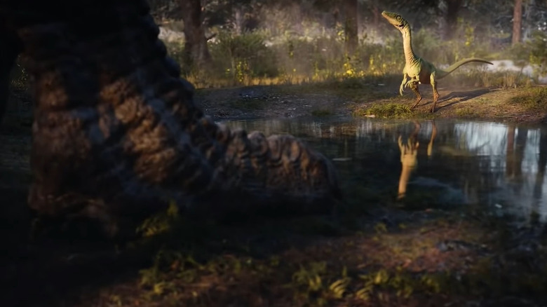 Smal dinosaur looks at big Dino 