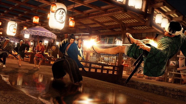 Like a Dragon: Ishin! Sakamoto shooting someone in combat