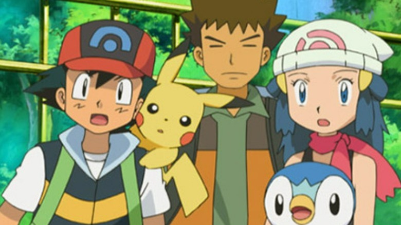 shocked Ash, Brock, Dawn, Pikachu, and Piplup