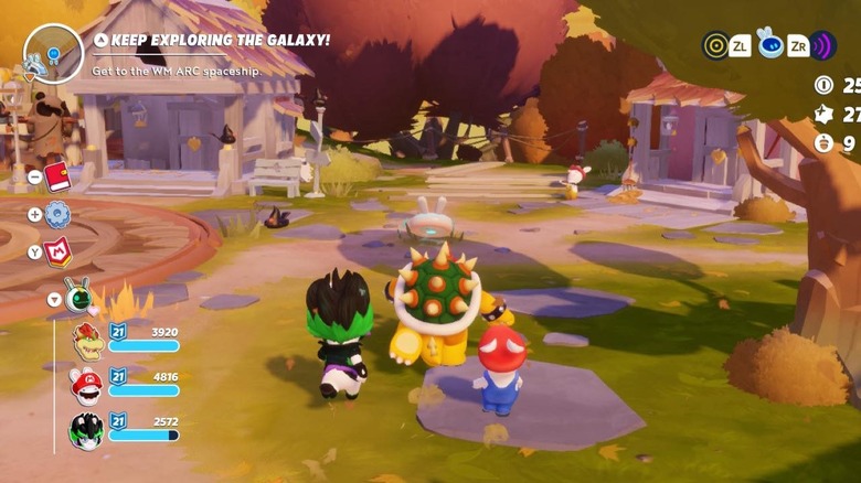 Bowser, Edge, and Rabbid Mario exploring Palette Prime in "Mario+Rabbids: Sparks of Hope"