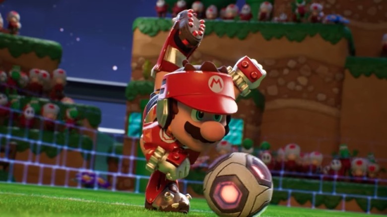 Mario Strikers: Battle League Mario kicking the ball