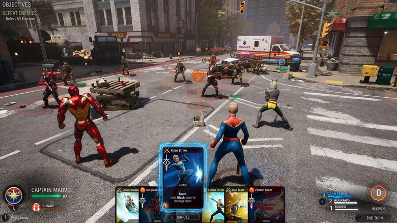 Heroes fighting villains on city street