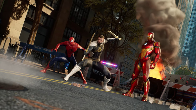 Spider-Man, The Hunter, and Iron Man fighting