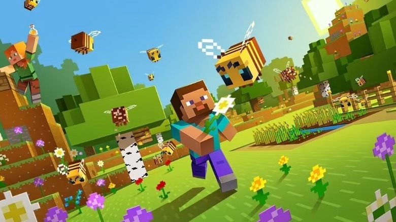 Minecraft Steve, bees, and flowers