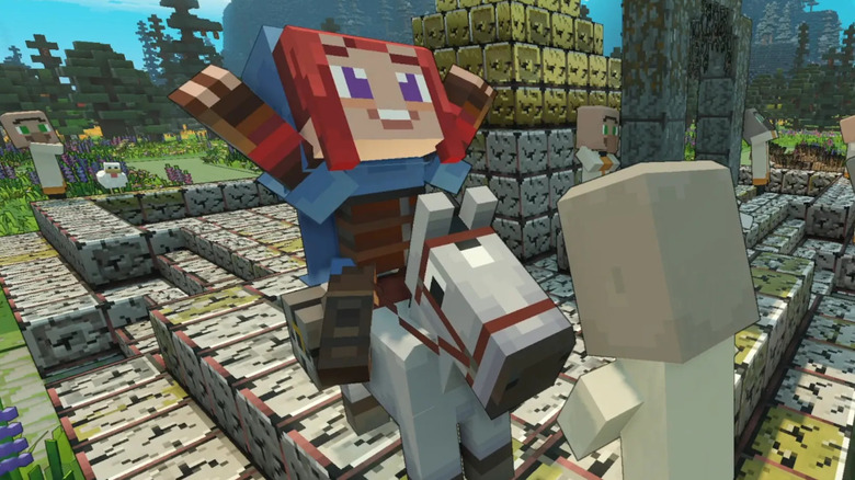 Minecraft Legends hero celebrating with villager